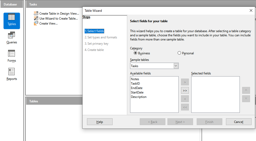 Step 2 - Use Wizard to Create Table in LibreOffice Base