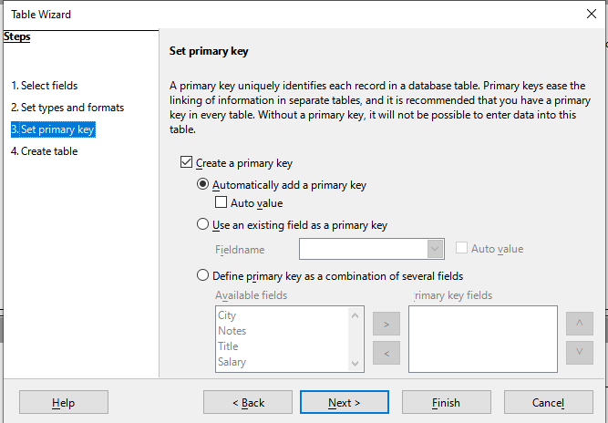 step 3 - Set Primary Key in Table Creating LibreOffice Base