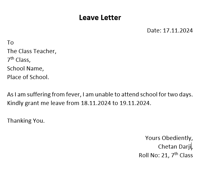 Example of Leave Letter Format in English for for School Teacher in 2024